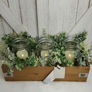 NWT Mason Jar Center Piece Wooden Candle Holder with Greenery Farmhouse